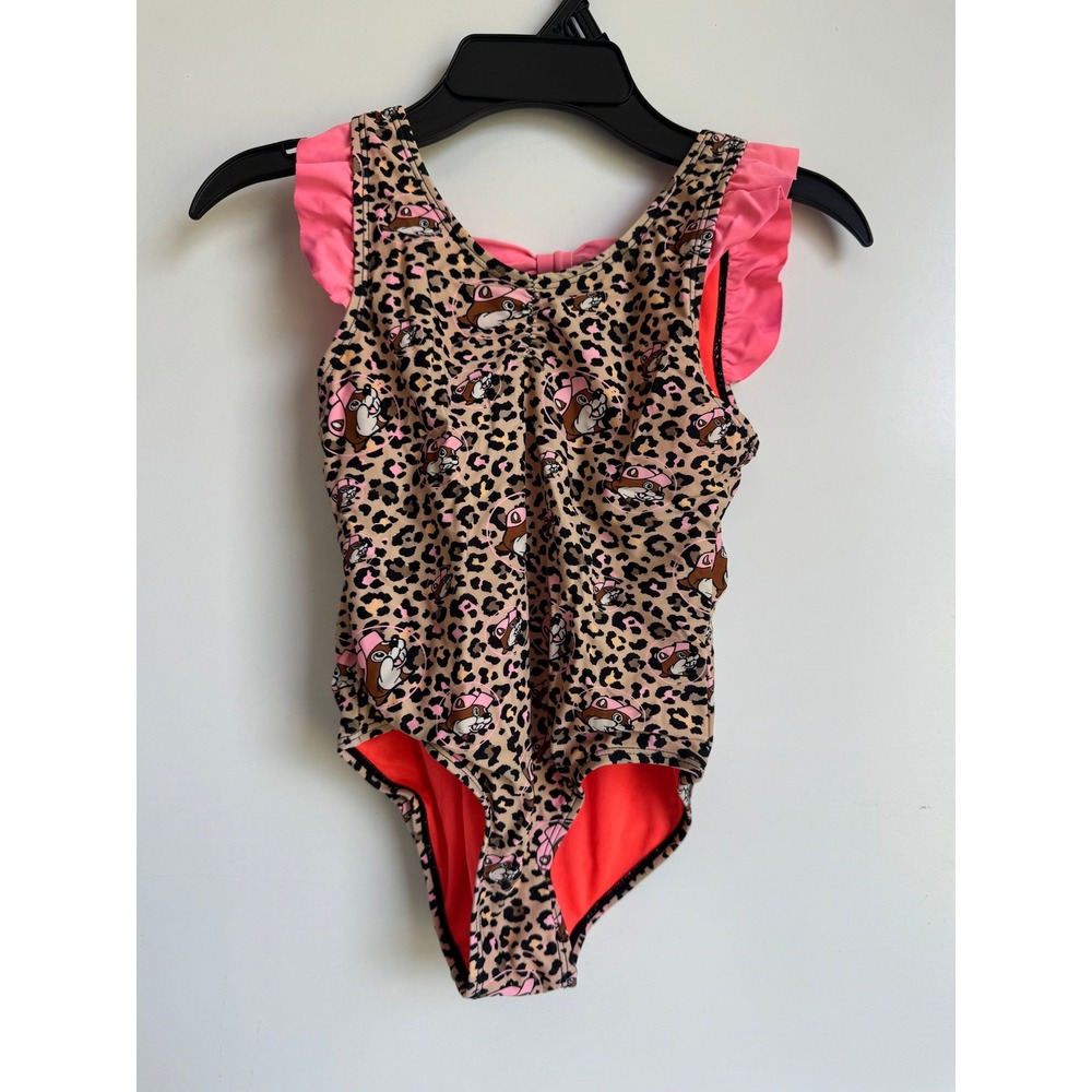 Buc-ees Girls 5T One Piece Swimsuit Leopard Print Pink Ruffle Bow‎ Swimwear